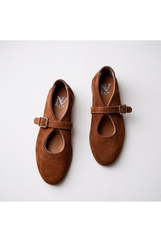 Ne&ve Shoes Taba Süet Hakiki Deri Tokalı Kadın Babet Kahverengi