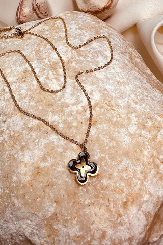 Siyah Yonca Tasarım Altın Gold Renk Kadın 316l Paslanmaz Çelik Zincir Kolye Altın