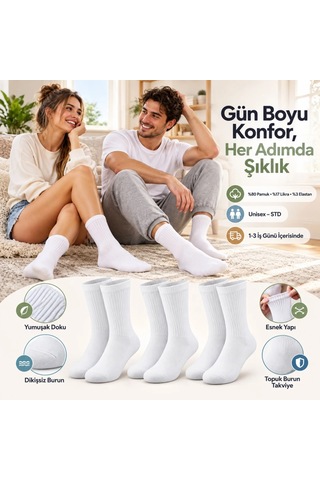Teorastore Unisex Beyaz Soket Çorap 3'lü Set Pamuk Dikişsiz Burun Takviyeli Esnek Günlük Spor Çorabı Konfor