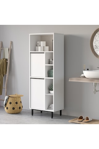 Yurudesign Ocean Banyo Dolabı Çok Amaçlı Dolap 2 Kapaklı Metal Ayaklı Beyaz On10C-W Beyaz