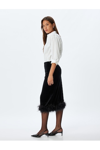 Koton Abiye Etek Midi Kadife Tüy Detaylı Slim Fit Siyah 5wak70006fk Siyah