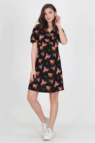 Neşeli Butik Kadın Kruvaze Yaka Çiçek Desenli Örme Krep Mini Elbise Nb10022 Siyah