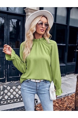 İlkbahar Ve Sonbahar Kadın Bluz Fırfırlı Yaka Jakarlı Gevşek Mizaç Banliyö Uzun Kollu Üst Yeşil