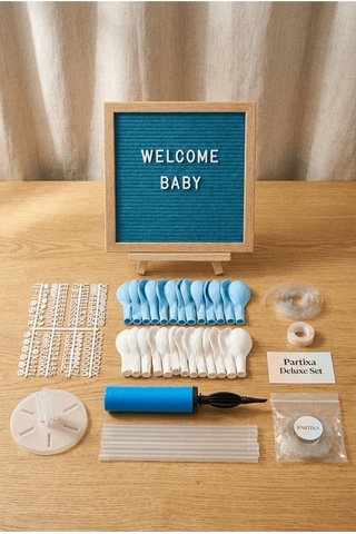 Hastane Odası Süsleme Hoş Geldin Bebek İlk Gün Deluxe Set Erkek Mavi Keçe Yazı Panosu Standlı Pompa Balon Zincirli 7 Li Balon Standlı Çocuk