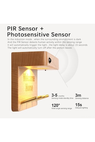 Geeksen Ahşap Anahtar Tutucu, Hareketli Sensörlü Led Gece Lambası, Şarj Edilebilir Manyetik Duvar Aleti Kahverengi Haki