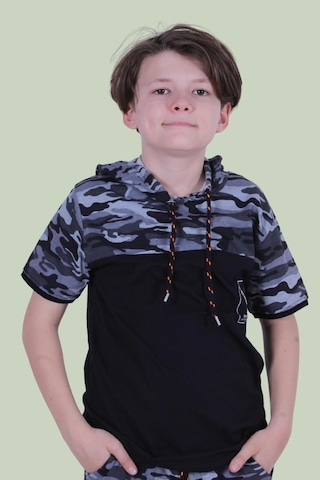 Panios Kids Kapşonlu Kamuflaj Desen Erkek Çocuk T-shirt Gri