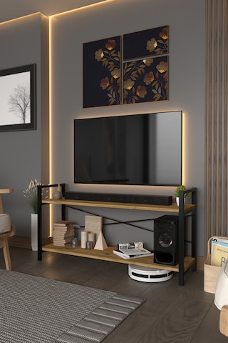 TV Ünitesi Dekoratif 2 Raflı Metal Ayaklı TV Sehpası Atlantik Çam