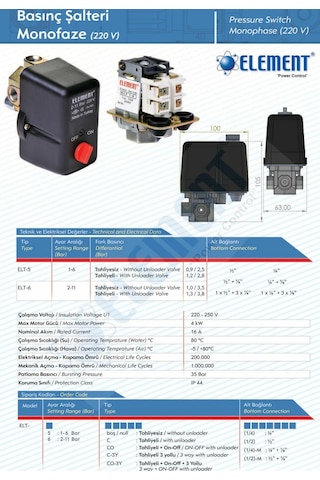 Element Elt-5co-3y 1-6 3 Yollu On/off Kompresör Basınç Şalteri 220v- 1/2''