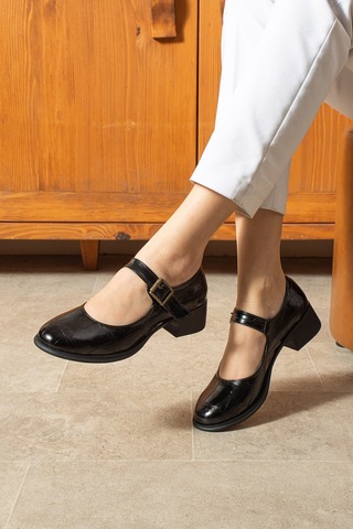 Dabab Shoes Clarıssa Kadın Siyah Ortopedik 4 Cm Topuklu Tokalı Yuvarlak Burun Balerin Babet Klasik Ayakkabı