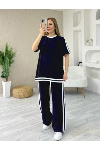 Kadın Kısa Kollu Bisiklet Yaka Çift Renk Şerit Detaylı Viskon Iki Iplik Bluz Ve Pantolon Ikili Takım Lacivert