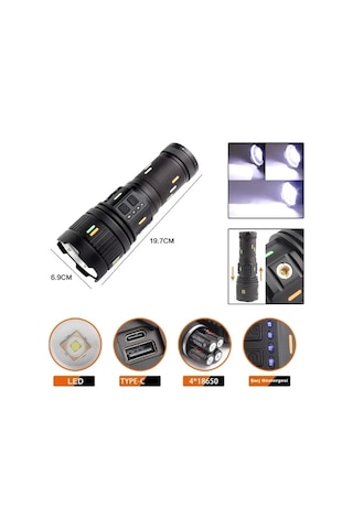 Pro F-3001 Alüminyum Tg Led Güç Göstergeli Type-c Şarjlı El Feneri 100 W Çok Renkli