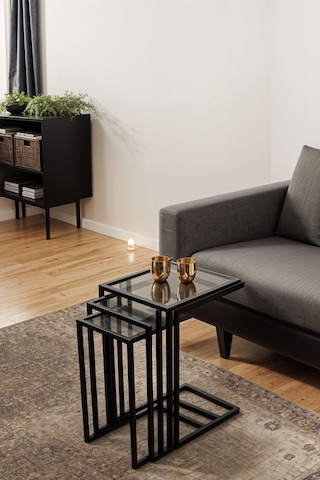 Ibiza Üçlü C Zigon Sehpa Takımı Koltuk Sehpası Metal 3lü Yan Sehpa Füme Camlı