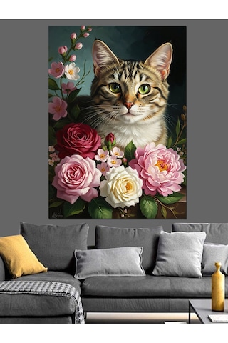 Ahşap Tablo Pembe Güller Arasında Meraklı Kedi