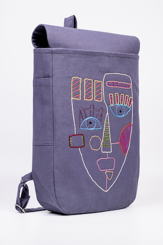 Fabric Craft Bag Sırt Çantası Pamuklu Nakışlı Figür Desen Mor