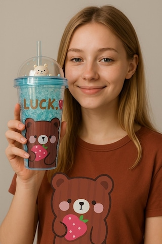 Çocuklar İçin Sevimli Renkli Boncuklu Luck Bear Tasarımlı Pipetli İçecek Bardağı Suluk Mavi 2093 Çok Renkli