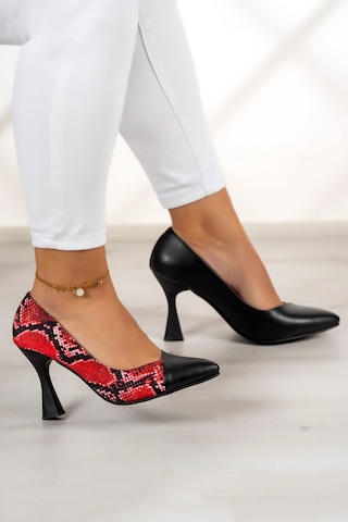 Jatqılı Plus Kırmızı Yılan Kadeh Topuklu Ayakkabı Siyah - Kırmızı