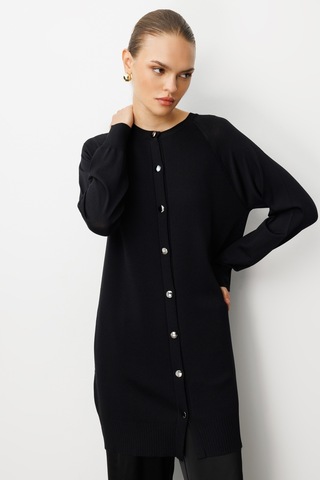 Mizalle Premium Rayon Uzun Düğmeli Siyah Hırka Siyah