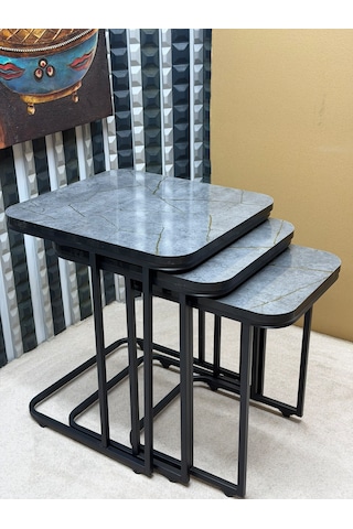 3 Lü Zigon Sehpa Seti Metal Ayaklı Ahşap Desen Tabla Modern Tasarım Gri