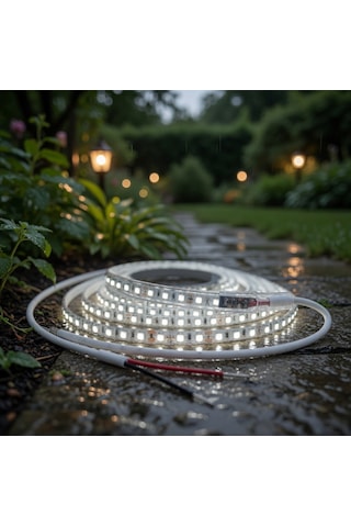 220v 120 Led Dış Mekan Şerit Led Beyaz Işık Arkası Yapışkanlı Suya Dayanıklı Dekoratif Aydınlatma 5 metre