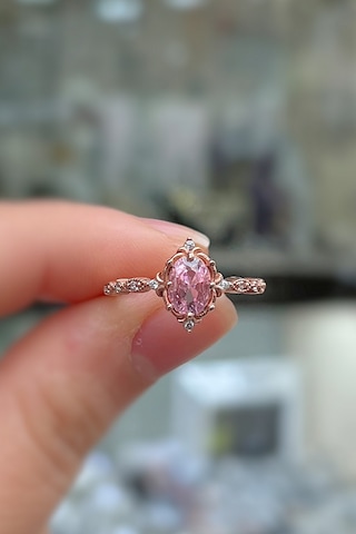 925 Ayar Gümüş Oval Pembe Taşlı Vintage Tasarım Kadın Yüzük Rose