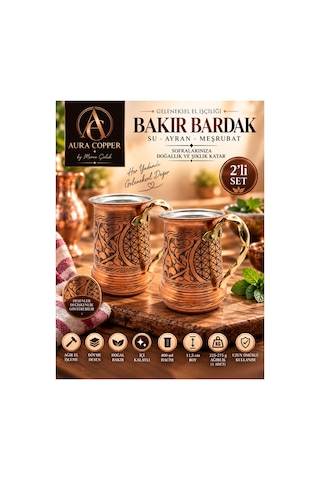 2 Li Ağır El İşlemeli Bakır Ayran Bardağı Seti 400 Ml İçi Kalaylı Kulplu Su Meşrubat Bardağı Kupa - Bakır Bileklik Hediyedir Trs-0161