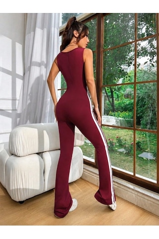 Efnaz Style Kadın Askılı Kare Yakalı Yandan Şeritli Uzun Dalgıç Tulum Bordo