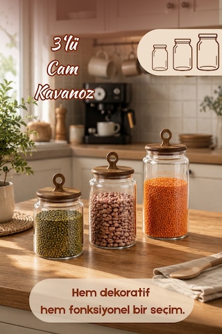 Porsima 4470 Handmade Vakum Kapaklı 3lü Cam Kavanoz Seti Vakum Kapaklı Saklama Düzenleme Kabı Seti Şeffaf
