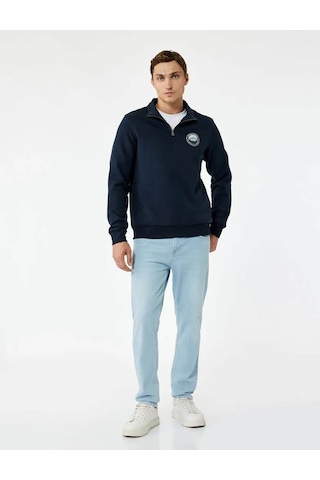 Koton Şardonlu Baskılı Yarım Fermuarlı Lacivert Erkek Sweatshirt 6wam70036mk Lacivert