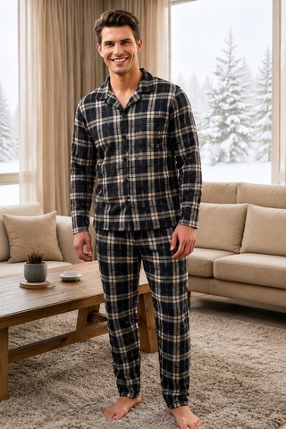 Free Beka Ekose Desenli Uzun Kollu Gömlek Yaka Düğmeli Erkek Pijama Takımı Bej