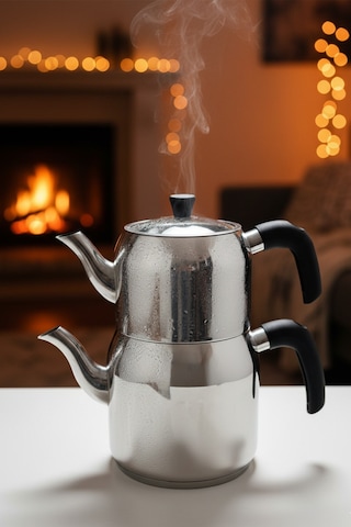 Yunusoğlu Home Hanzade Aile Boy Paslanmaz Çelik Çaydanlık Parlak Gümüş, Ergonomik Saplı, Yüksek Isı Dayanımlı Gri