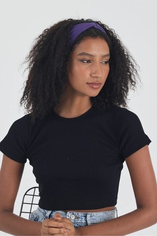 Siyah Kısa Kol Bisiklet Yaka Vücuda Oturan Kaşkorse Crop + Bandana Set %100 Pamumklu, Esnek Rahat Siyah-mor