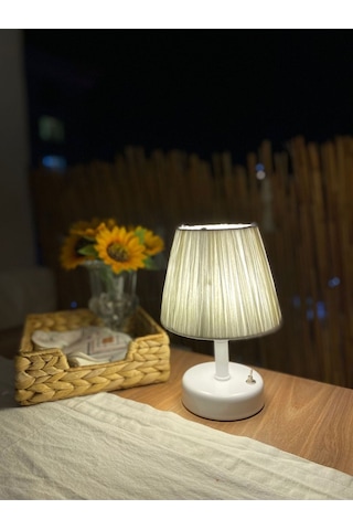 Rafya & Hasır Masa Üstü Led Kablosuz Pilli Abajur Alt Beyaz-üst Beyaz Saçaksız
