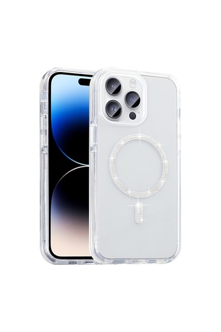 Zore Apple iPhone Uyumlu 14 Pro Max Kılıf Taşlı Tasarım M-safe Şarj Özellikli Zore Koment Silikon Kapak - Gümüş