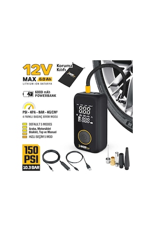 Plus Şarjlı Hava Kompresörü, Dijital Ekran, 12v 6.0ah Lithium-ıon Batarya, 6000mah Powerbank, Led Fener, 150 Psı, Ar