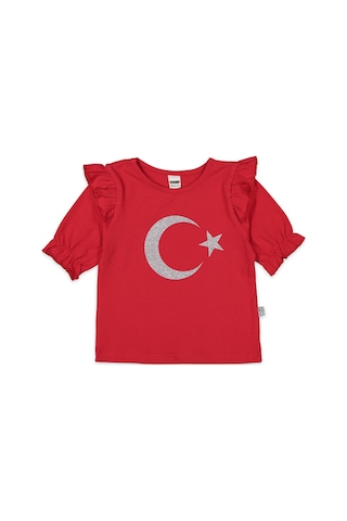 Novy Baby Novy-23 Nisan Türk Bayraklı Omuz Fırfırlı KızÇocuk Tişört 2-9 Yaş
