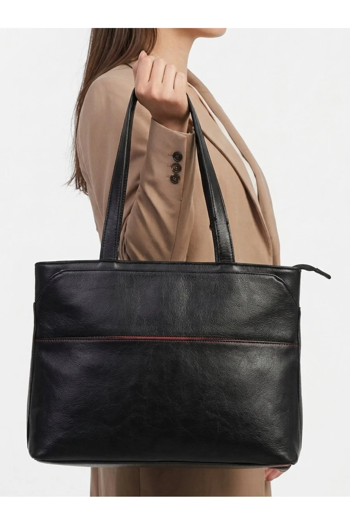 Levano Leather Hakiki Dana Derisi Kadın Omuz Çantası Siyah Büyük Boy Fermuarlı Günlük & Ofis Çantası