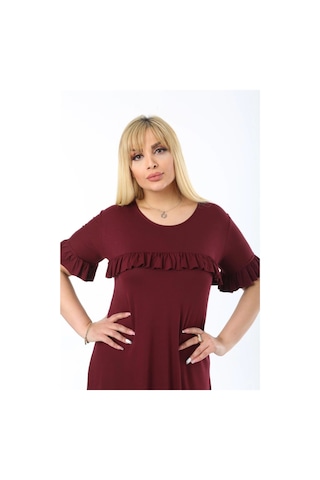 Modasehle Kadın Büyük Beden Kol Ve Göğüs Fırfırlı Bisiklet Yaka Midi Boy Elbise Bordo