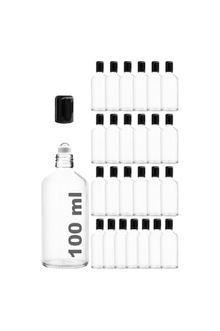 Çelik Roll On Şişesi 100 ML Sızdırmaz Siyah Kapaklı Şeffaf Cam Şişe 25 Adet