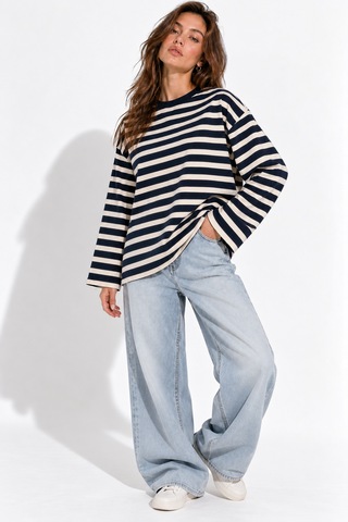 Wild Bee Kadın Lacivert Ekru Çizgili Pamuklu Bisiklet Yaka Oversize Bluz