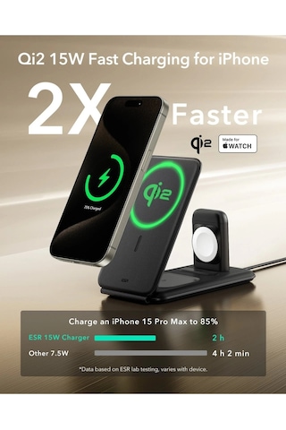 3 In 1 15w Seyahat Şarj Standı iPhone + AirPods + Apple Uyumlu Watch Magsafe Deri Halolock Qi2 Siyah