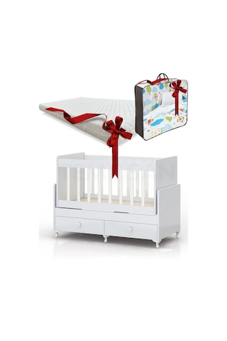 Anne Yanı Sallanır Bebek Beşiği, Mavi Uyku Setli, Yataklı, Çekmeceli 60 X 120 Mavi