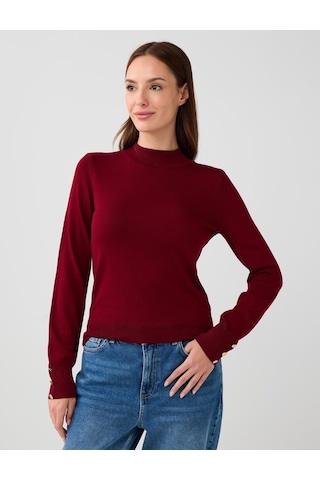 Jimmy Key Bordo Balıkçı Yaka Uzun Kollu Düğme Detaylı Triko Kazak 5ww134588562