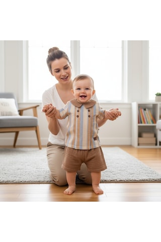 Ürünya Erkek Bebek Çocuk Kısa Kollu Şortlu 2'li Takım Kahverengi