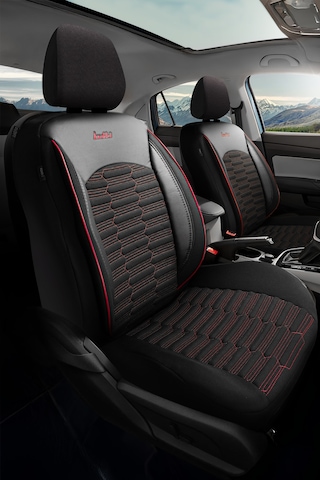 Siyah - Kırmızı Butti Libro Serisi Keten Kumaş Premium Oto Koltuk Kılıfı Destekli, Ön Arka Tam Set