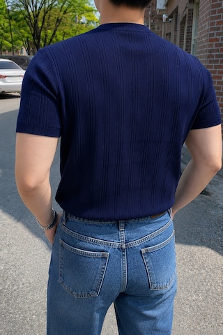 Tarz Cool Old Money Fit Bisiklet Yaka Çizgili Triko T-shirt Slim Kalıp Premium Lacivert