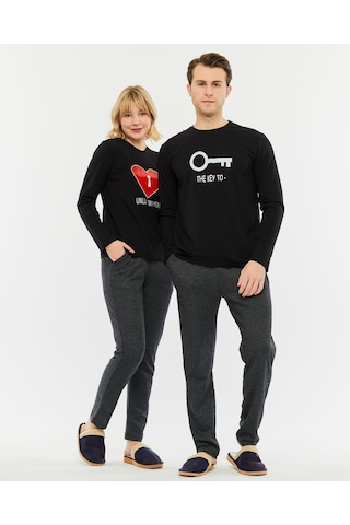 Bella Dossi Çiftlere Özel Kombin Kalbimin Anahtarı Pijama Takımı Siyah