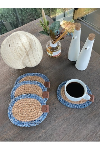 4 Adet Oval Dekoratif Bardak Altlığı Seti - Yuvarlak , Leke Tutmaz- Naturel-mavi 13x17 Cm Naturel