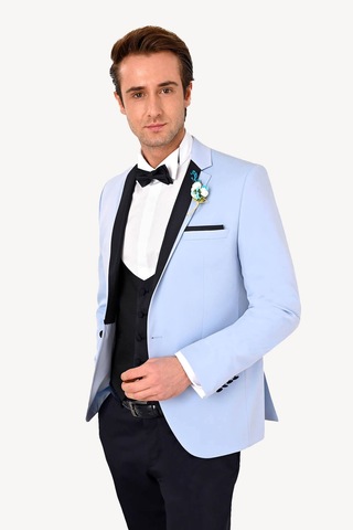 Ysf Erkek Açık Mavi Slim Fit Mono Yaka Yelekli Damatlık