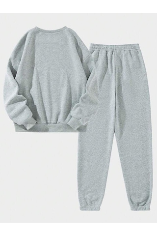 Los Angeles 23 Eşofman Takımı Sweatshirt Jogger - Gri Baskılı Oversize Şardonlu Bisiklet Yaka Gri