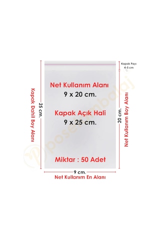 9x20+5 Cm. 9x25 50 Adet Şeffaf Bantlı Yapışkanlı Opp Poşet